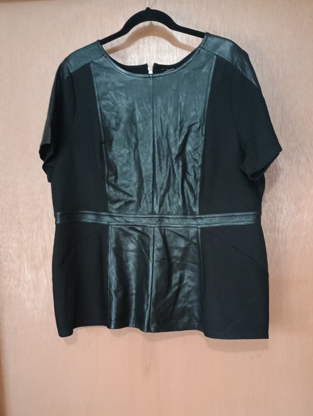 Worthington Black Faux Leather-Front Short Sleeve Tunic